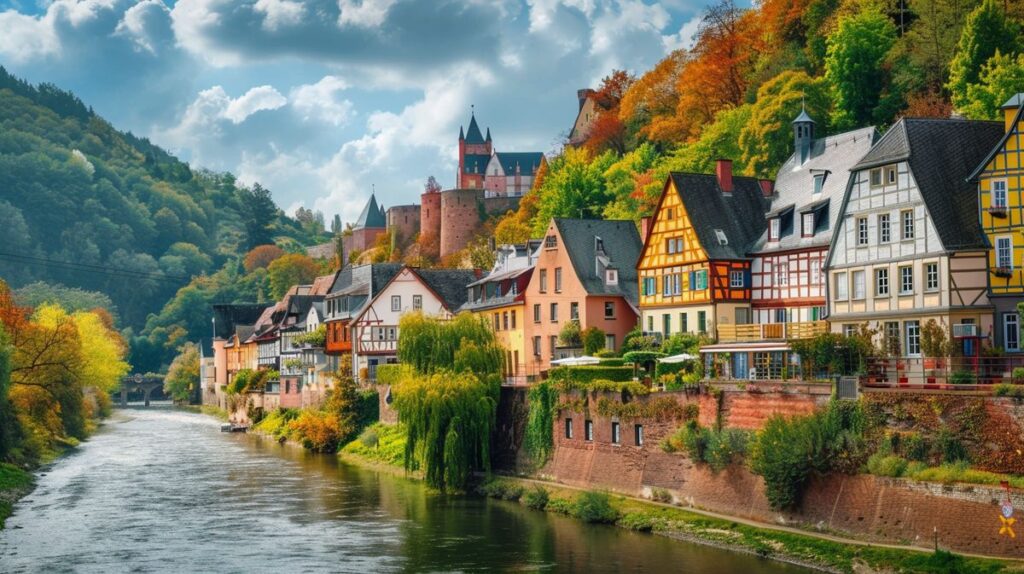 Blick auf die historische Stadt Nassau an der Lahn mit malerischen Gebäuden und Flussufer, perfekt für Touristen, die Nassau Lahn Sehenswürdigkeiten erkunden möchten