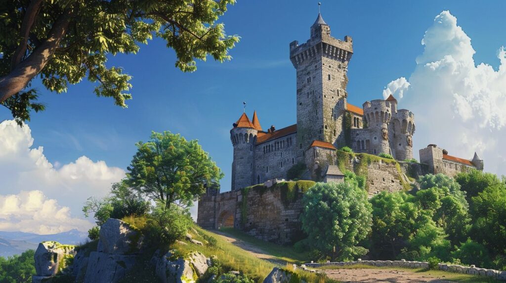 Blick auf die historische Burg Nassau umgeben von grüner Landschaft im Sommer