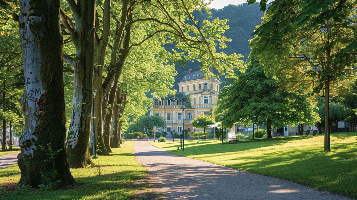 Blick auf den friedlichen Bad Ems Kurpark mit grünen Bäumen und Spazierwegen an einem sonnigen Tag