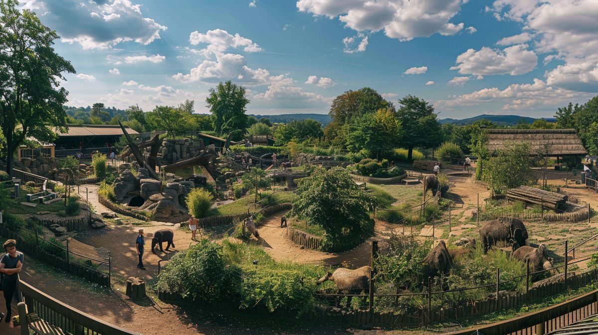 Familie genießt einen sonnigen Tag im größten Zoo Rheinland-Pfalz, Kinder beobachten exotische Tiere