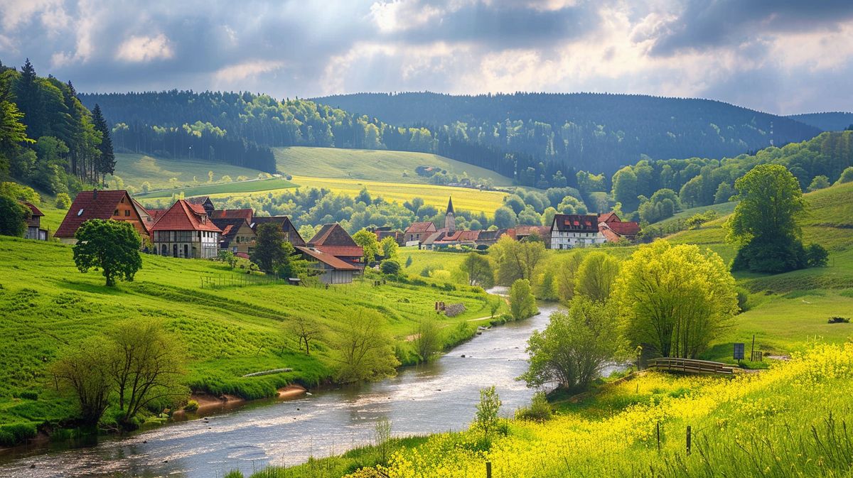 Landschaftsbild der Provinz Nassau Hessen mit malerischen Hügeln und traditioneller Architektur