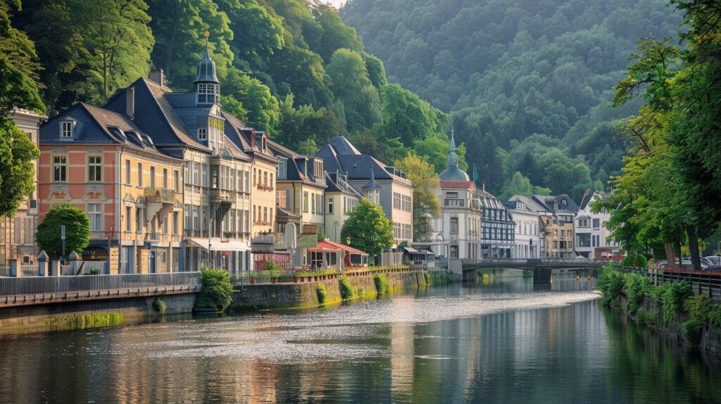 Panoramablick auf die malerische Landschaft von Bad Ems Nassau mit Fluss und Brücke im Vordergrund