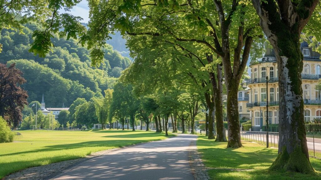 Blick auf den idyllischen Bad Ems Kurpark an einem sonnigen Tag, perfekt für entspannende Spaziergänge und Erholung in der Natur