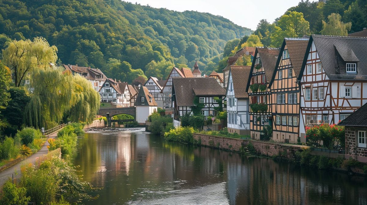 Idyllische Ansicht von Dausenau mit Fluss und historischen Gebäuden im Hintergrund