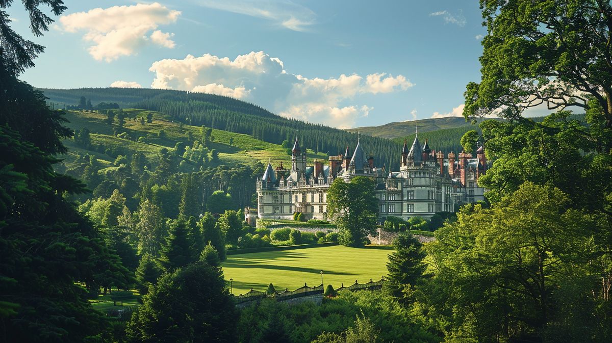 Blick auf das malerische Schloss Balmoral umgeben von üppigem Grün im Sonnenlicht