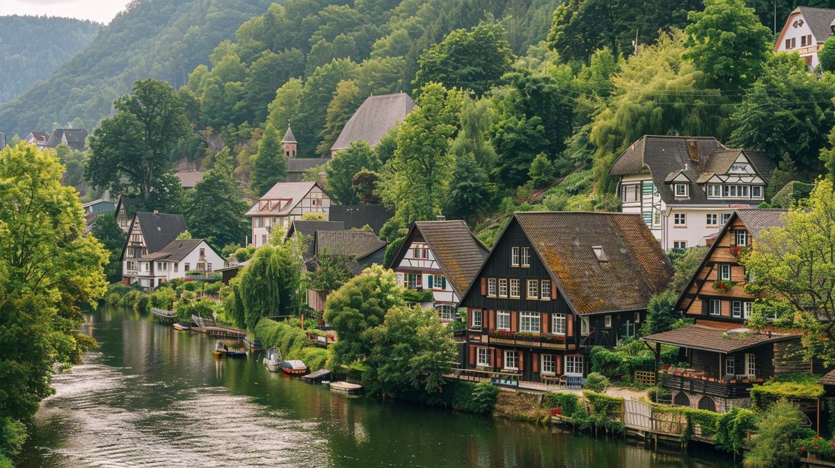 Blick auf Fachbach an der Lahn mit malerischem Flussufer und traditionellen Häusern im Hintergrund