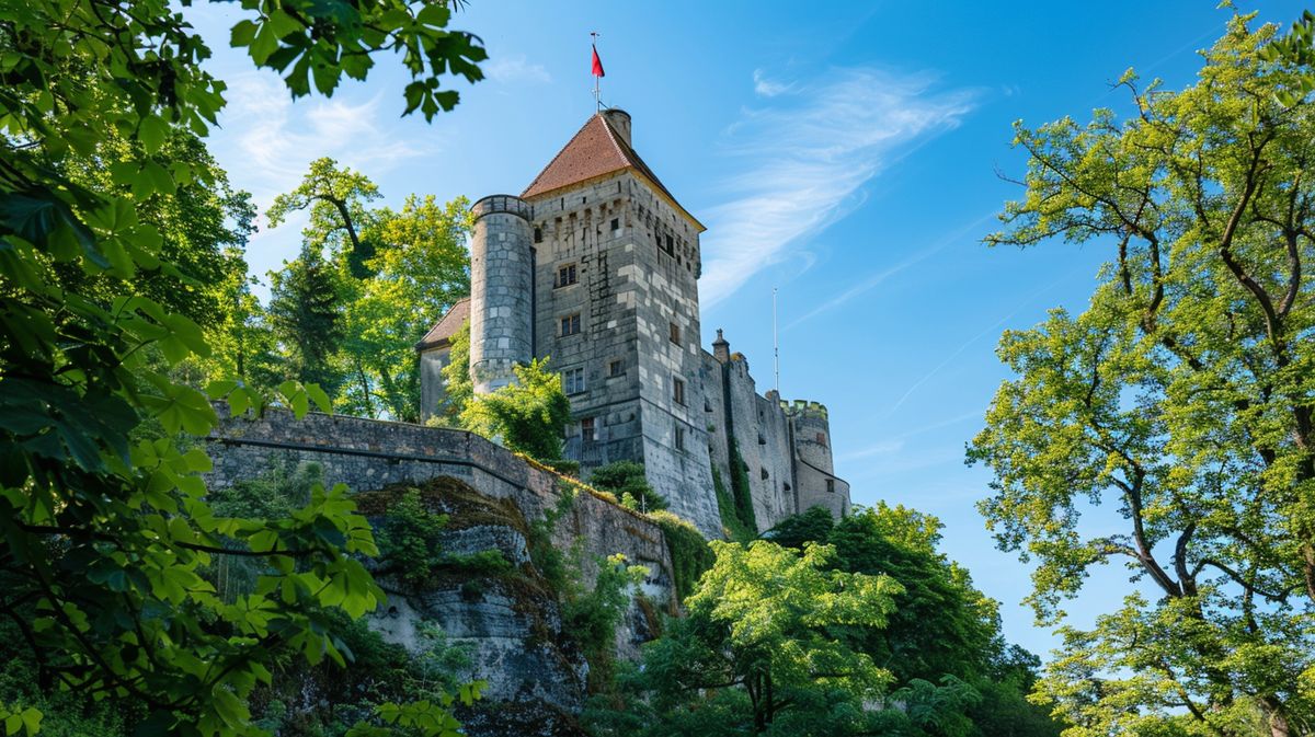 Blick auf die historische Burg Nassau umgeben von grüner Landschaft bei Tageslicht