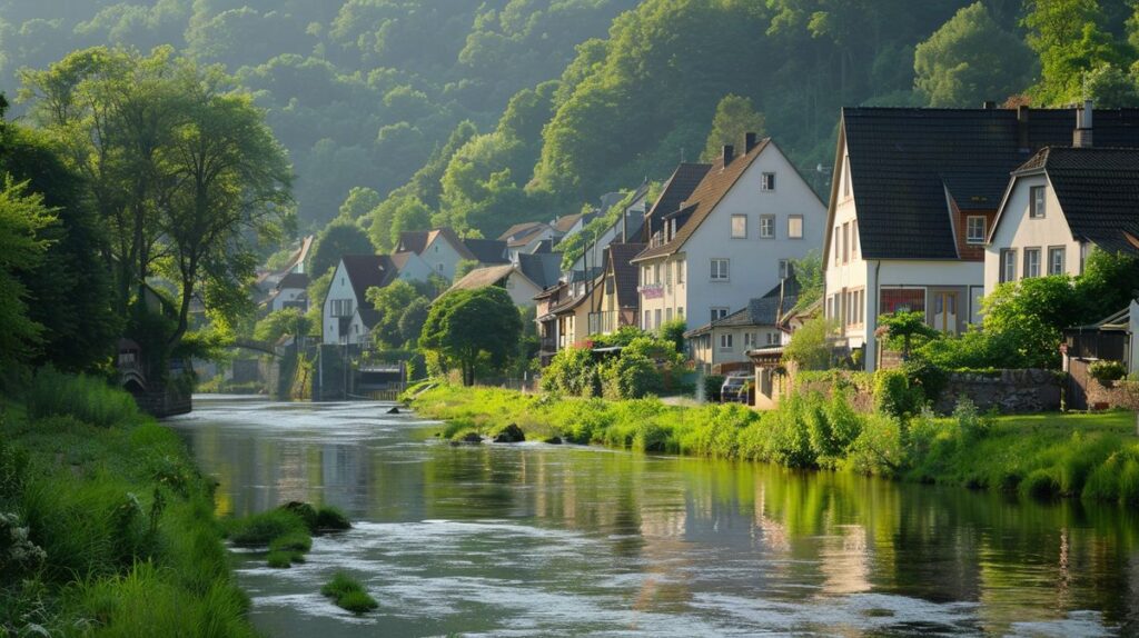 Blick auf das malerische Dorf Fachbach an der Lahn mit Flussufer und grünen Landschaften