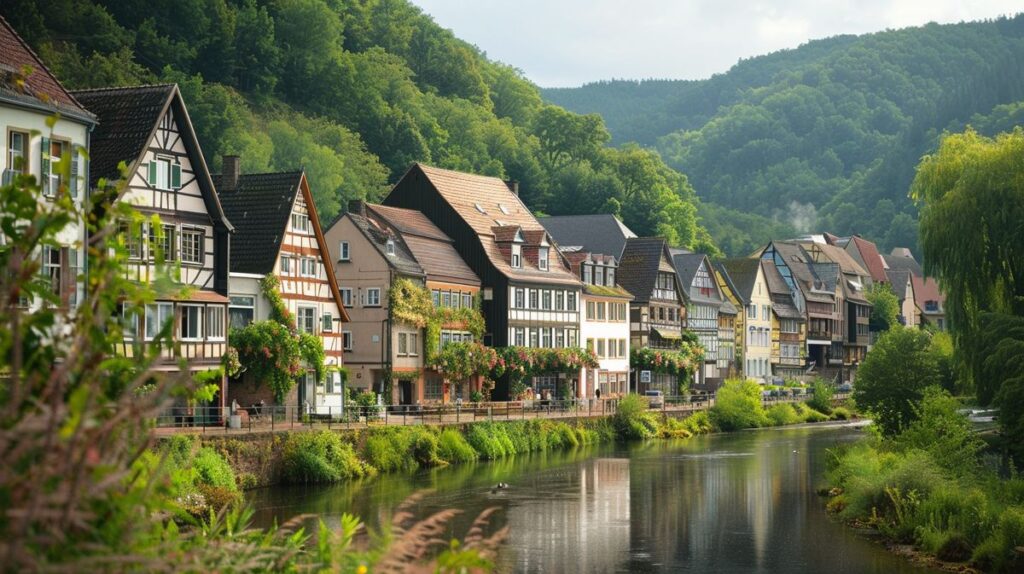 Idyllische Landschaft von Dausenau mit Fluss und historischen Gebäuden im Hintergrund