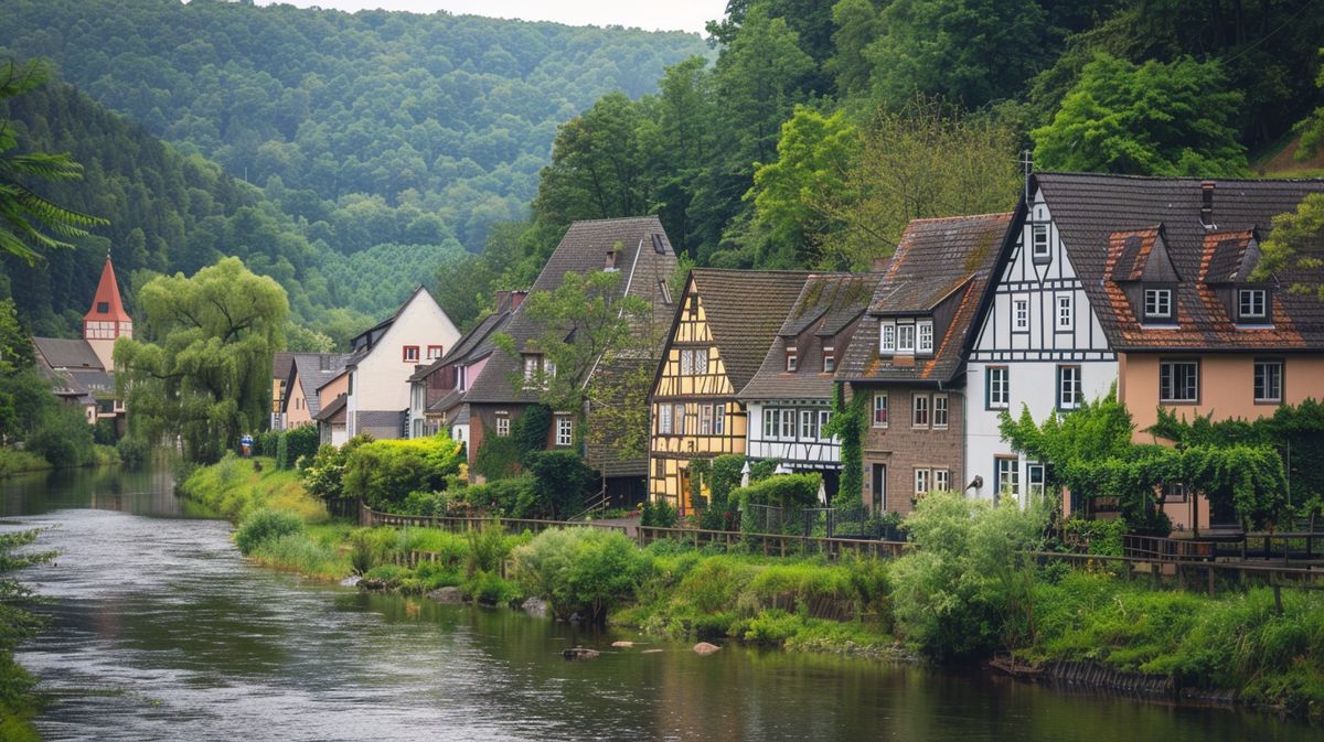 Blick auf die historische Stadt Nassau an der Lahn mit Flussufer und alten Gebäuden bei Sonnenuntergang