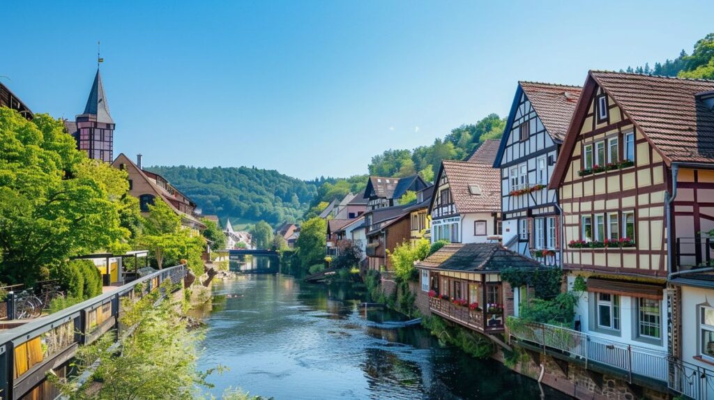 Blick auf die malerische Stadt Nassau an der Lahn mit historischen Gebäuden und dem Fluss im Vordergrund