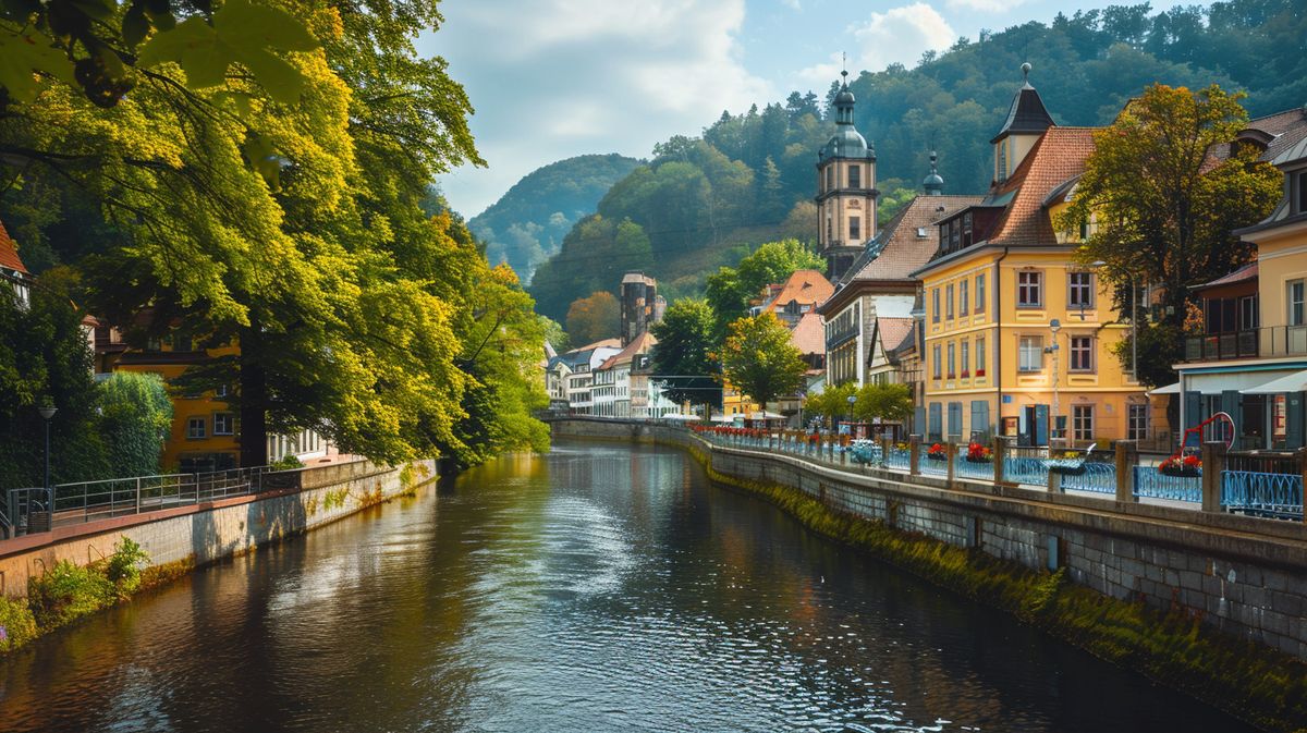 Panoramablick auf die malerische Landschaft von Bad Ems Nassau mit Fluss und umgebenden Hügeln