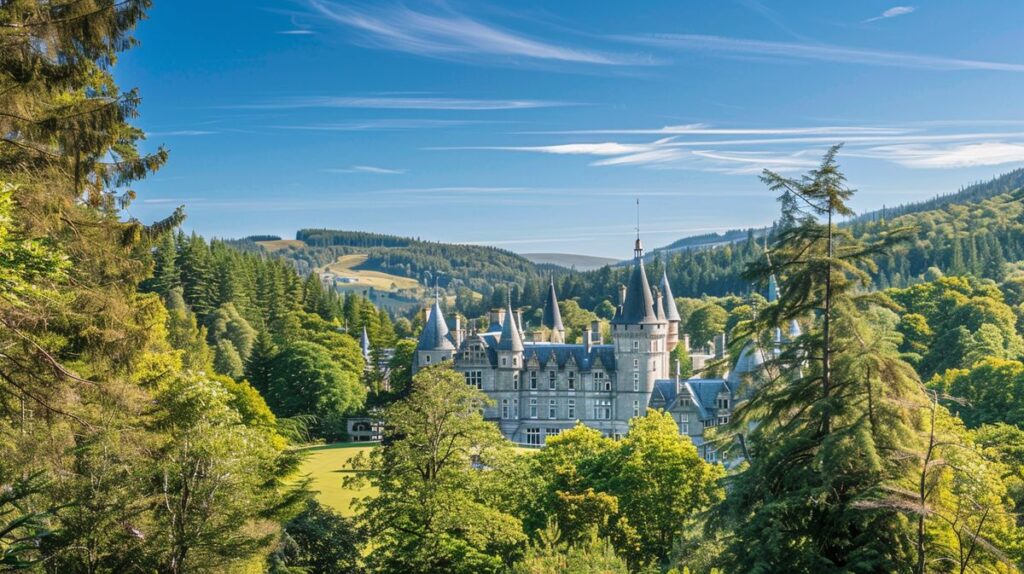 Blick auf das malerische Schloss Balmoral umgeben von üppigem Grün unter blauem Himmel