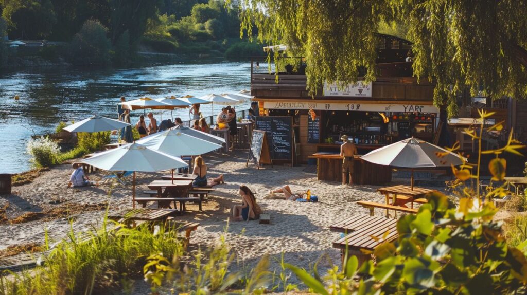 Besucher genießen sonnige Tage im Beach Club Fachbach mit Blick auf den entspannenden Fluss