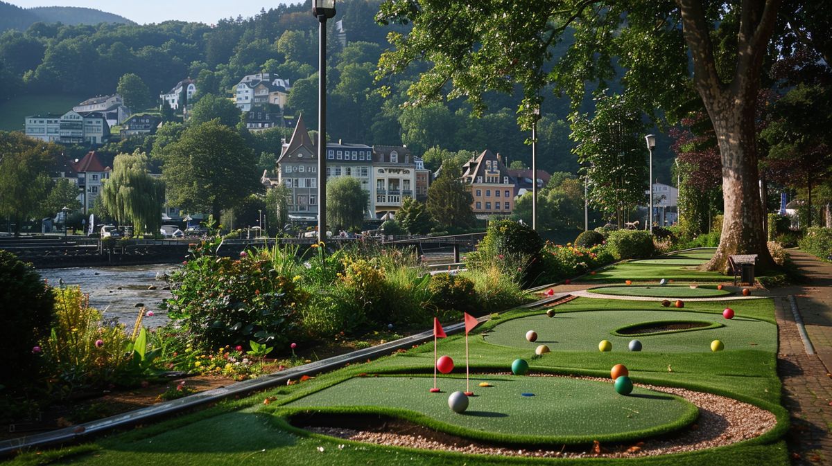 Familie spielt Minigolf in Bad Ems Nassau auf einer sonnigen Anlage mit bunten Bahnen und fröhlicher Atmosphäre