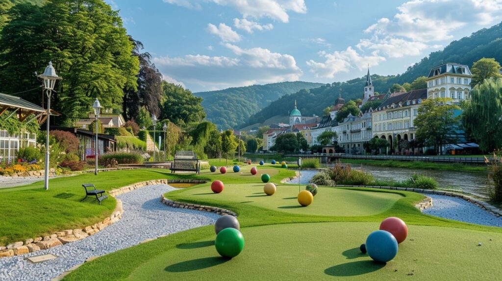 Spieler genießen eine Partie Minigolf in Bad Ems Nassau auf einer malerischen Bahn mit Wasserhindernissen und grüner Umgebung