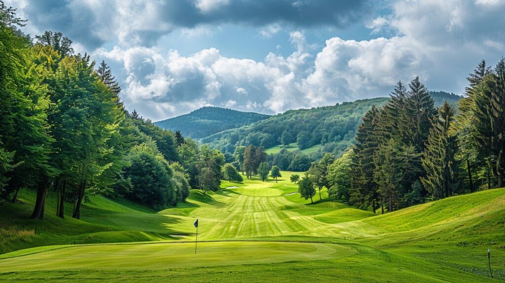 Golfspieler schwingt Schläger auf dem grünen Rasen im Golfclub Bad Ems mit malerischer Landschaft im Hintergrund