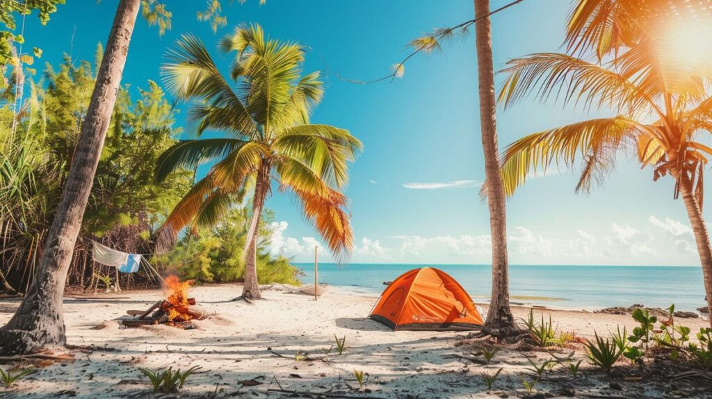 Familie genießt Picknick auf dem Campingplatz in Nassau umgeben von grüner Natur und Zelten