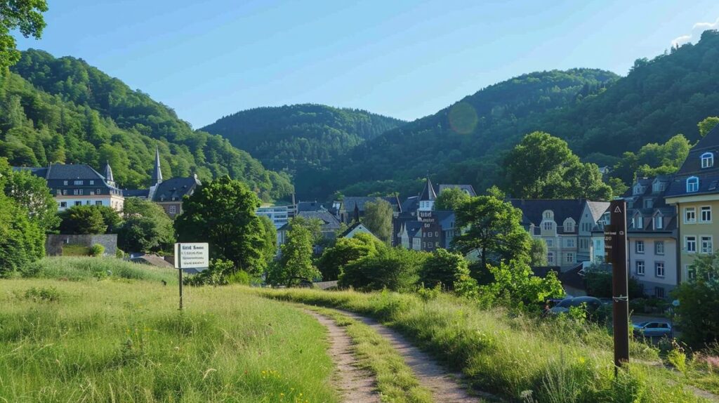 Wanderer genießen die Aussicht auf Bad Ems beim Wandern durch malerische Landschaften