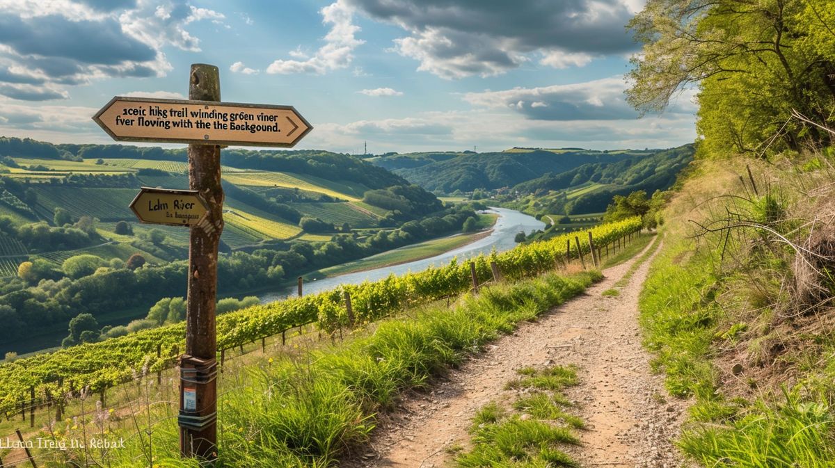 Wanderer genießen die Aussicht auf dem Lahnweinstieg, umgeben von malerischen Weinbergen und Flusslandschaft