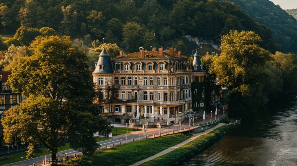 Blick auf die historische Spielbank Bad Ems bei Nacht, beleuchtet und malerisch