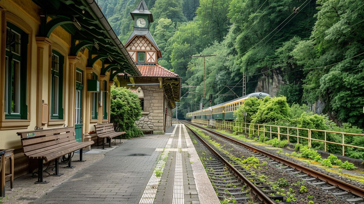 Blick auf den historischen Bahnhof Bad Ems mit Zügen und Reisenden