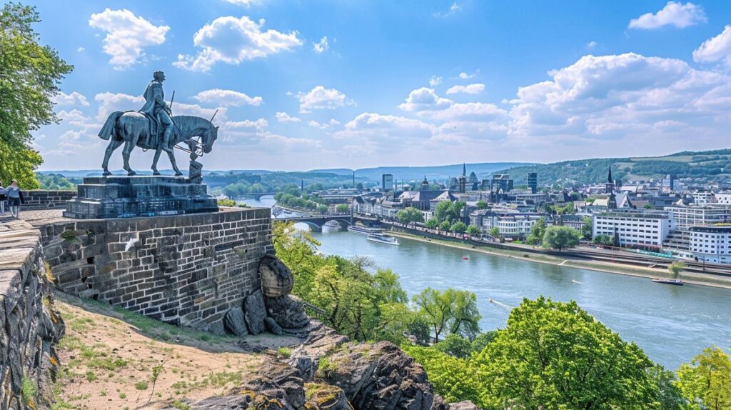 Blick auf das beeindruckende Koblenz Deutsches Eck mit Zusammenfluss von Rhein und Mosel