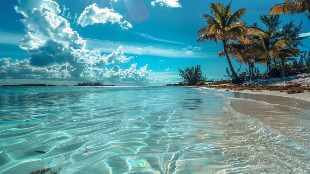 Frau genießt ein entspannendes Sonnenbad am Strand von Pura Vita Nassau mit kristallklarem Wasser im Hintergrund