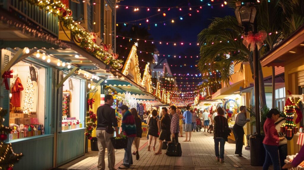 Besucher genießen festliche Stände beim Weihnachtsmarkt Nassau bei Nacht