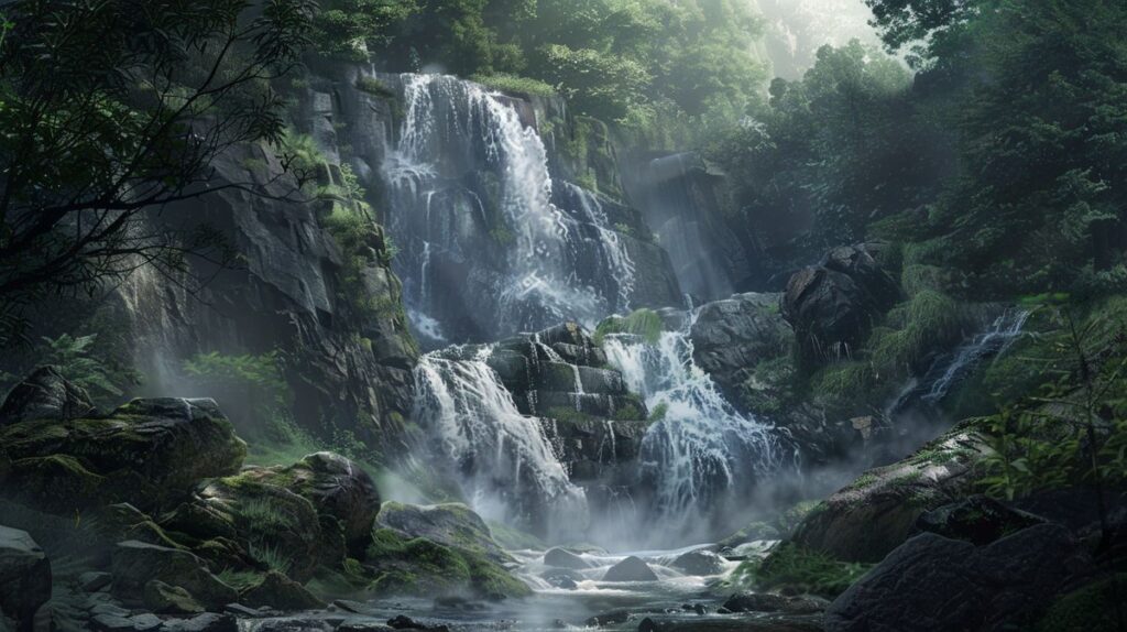 Blick auf den majestätischen Wasserfall Teufelsdell umgeben von üppigem grünen Wald