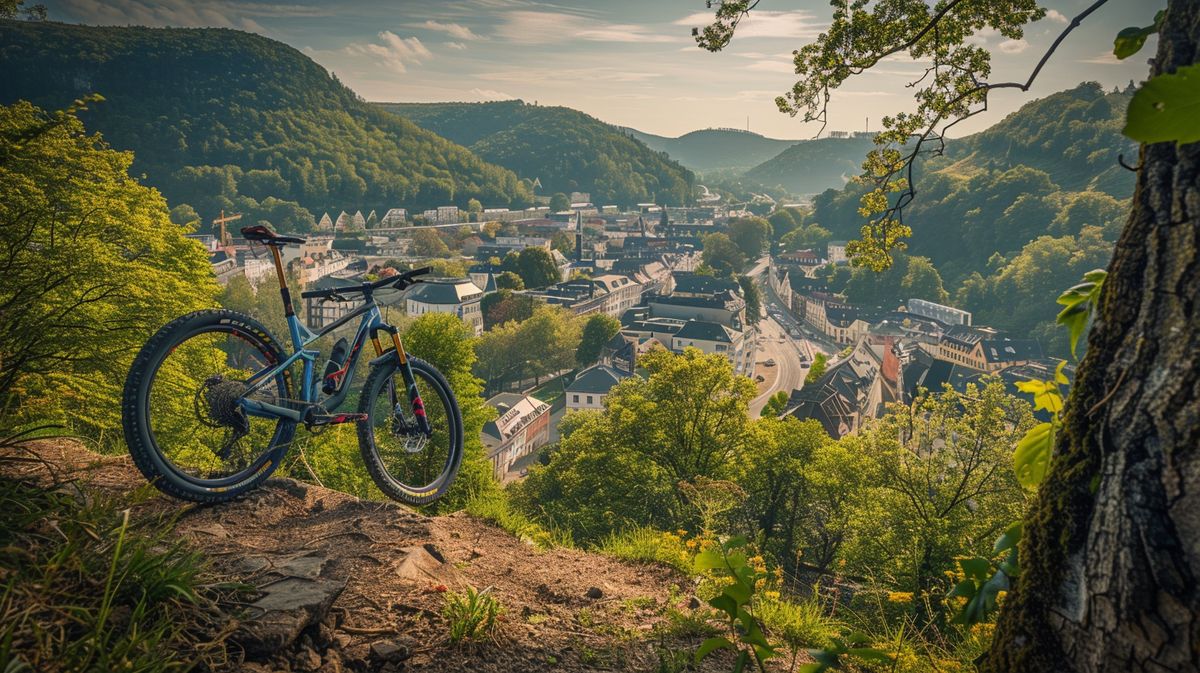 Fahrrad von Summit Bikes Bad Ems auf einer idyllischen Straße im Wald