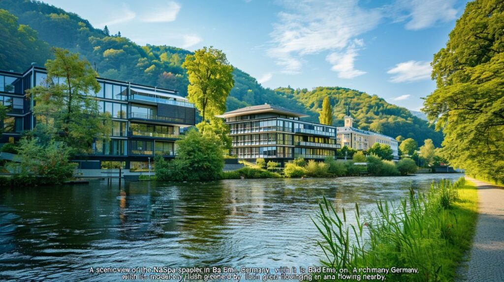 Blick auf die malerische Landschaft von Naspa Bad Ems mit Fluss und historischen Gebäuden