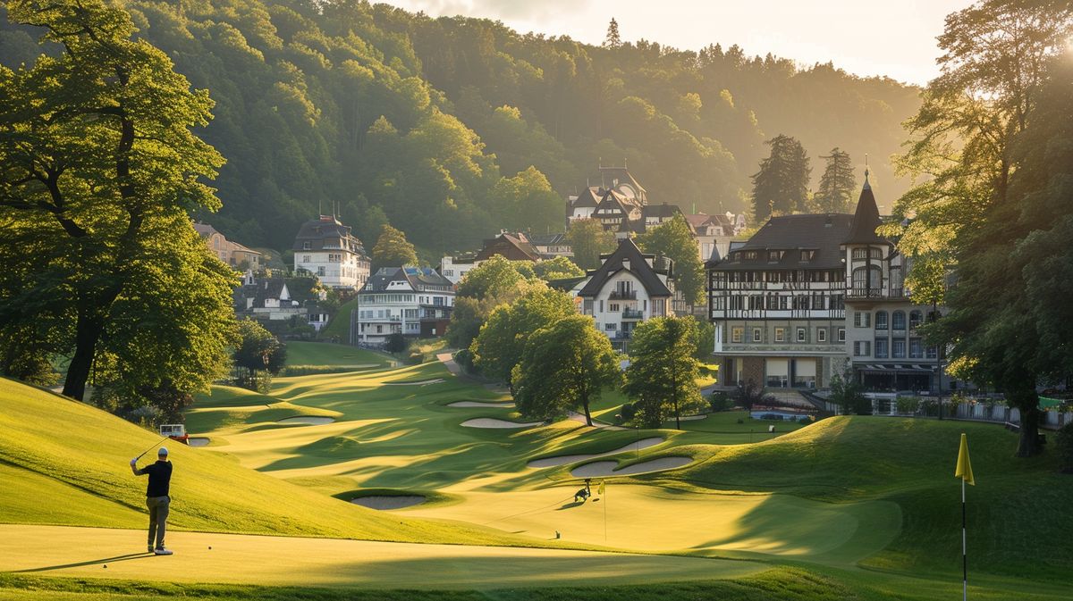 Golfspieler beim Abschlag auf einem sonnigen Golfplatz in Golfen in Bad Ems Nassau