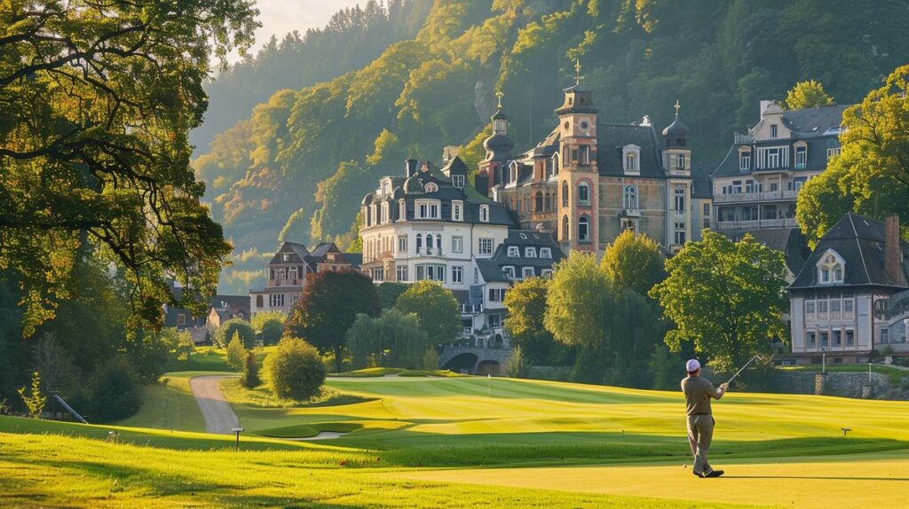 Golfspieler genießen eine Partie auf dem grünen Golfplatz in Golfen in Bad Ems Nassau bei sonnigem Wetter