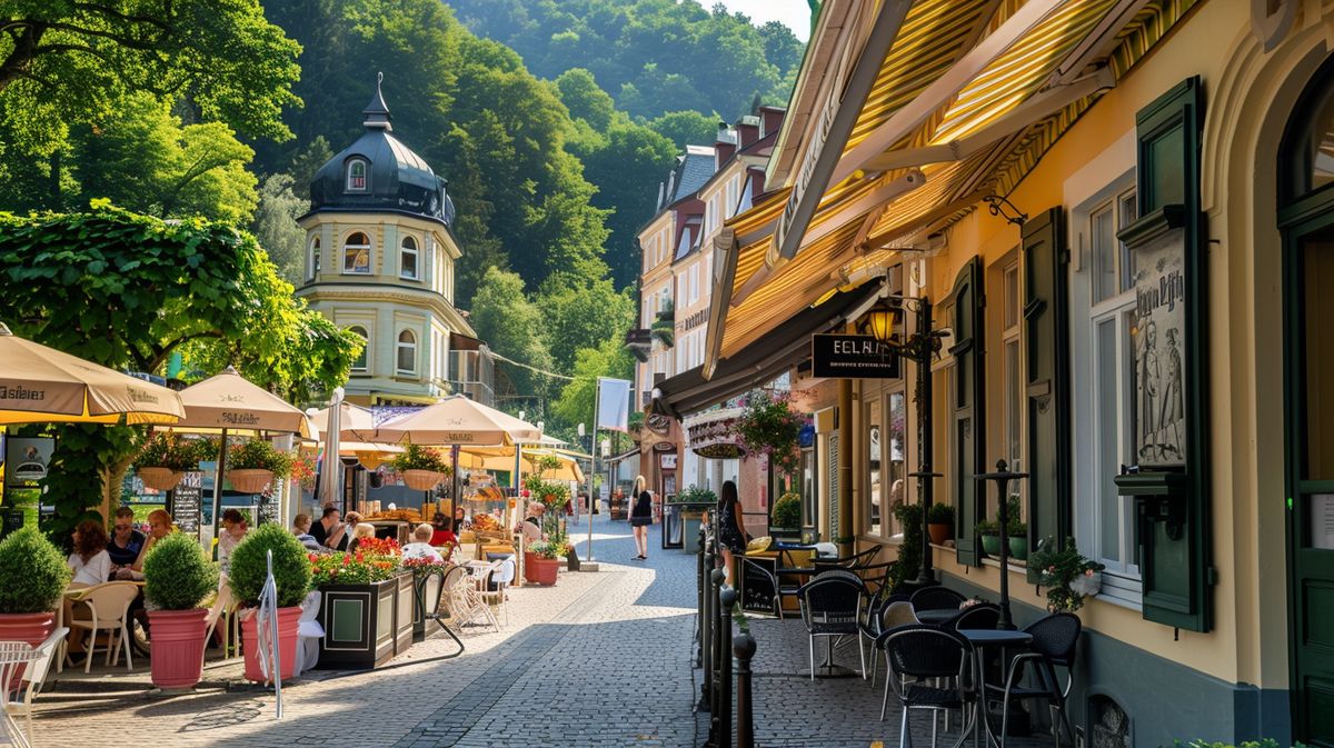 Blick auf das belebte Eiscafe Venezia Bad Ems mit Gästen, die draußen sitzen und Eis genießen