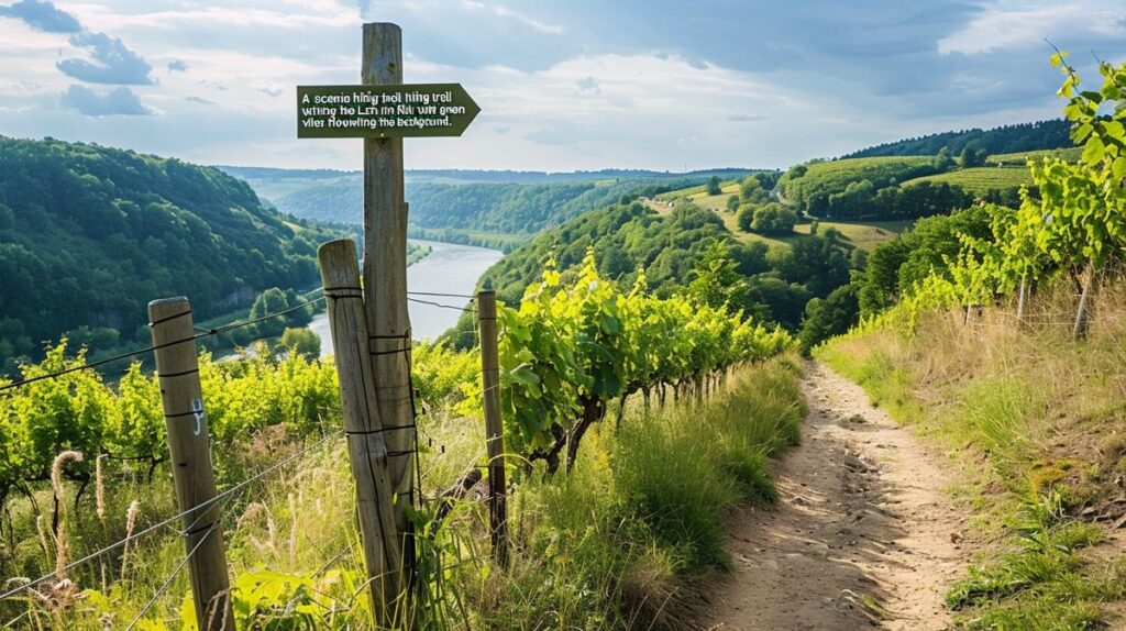 Wanderer genießen die Aussicht auf den Lahnweinstieg, umgeben von malerischen Weinbergen und der ruhigen Flusslandschaft