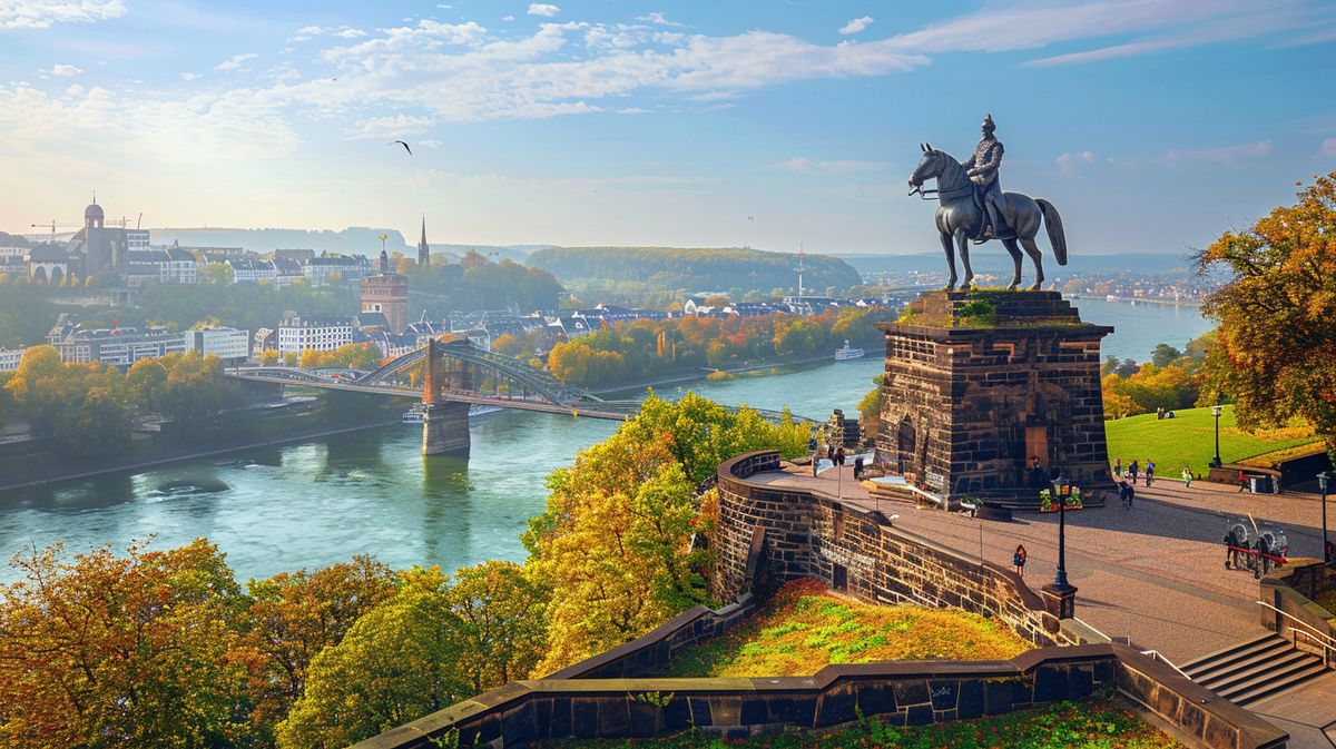 Blick auf das Deutsche Eck in Koblenz, wo Rhein und Mosel zusammenfließen, bei Sonnenuntergang