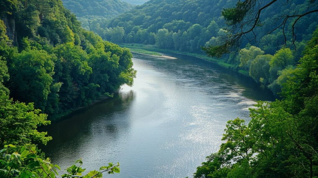 Wanderer genießt die Aussicht vom Goethepunkt Lahn, umgeben von malerischer Natur und ruhigem Fluss