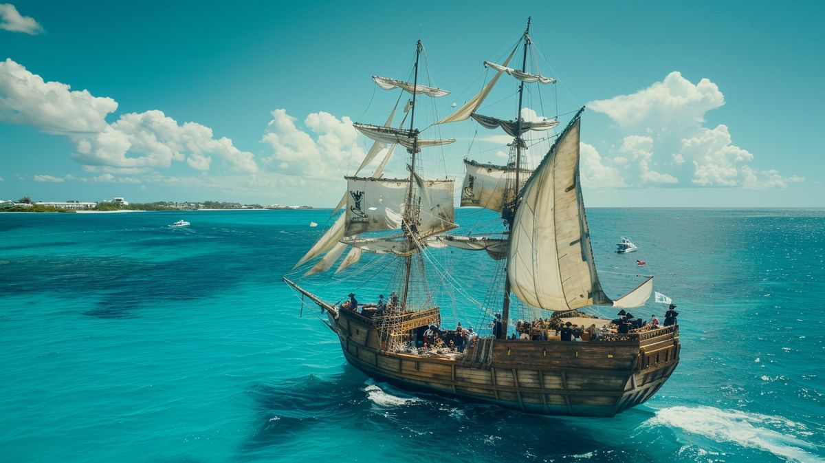 Gruppe von Nassau Piraten feiert mit Schatzkiste auf einem Schiff