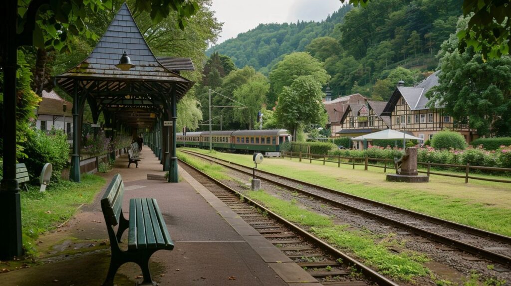 Blick auf den historischen Bahnhof Bad Ems an einem sonnigen Tag mit klarem Himmel